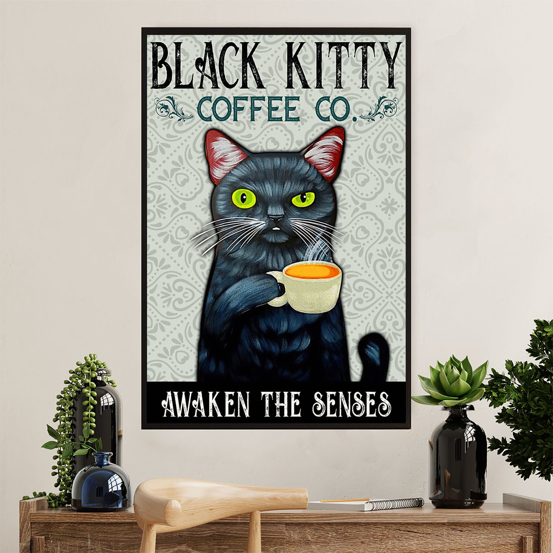 Cute Cat Poster Prints | Funny Black Cat Coffee Co | Wall Art Gift for Cat Kitties Lover