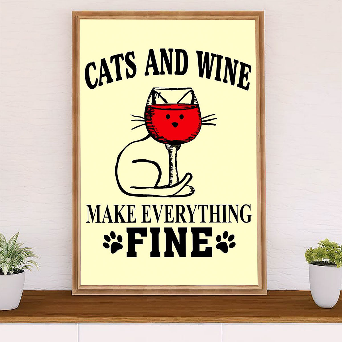 Cute Cat Poster Prints | Loves Cats & Wine | Wall Art Gift for Cat Kitties Lover