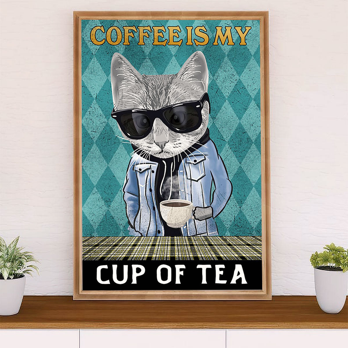 Cute Cat Canvas Prints | Coffee Is My Cup Of Tea | Wall Art Gift for Cat Kitties Lover