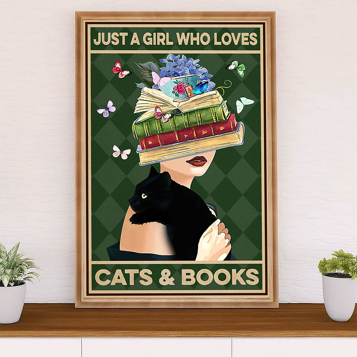 Cute Cat Poster Prints | Girl Loves Black Cat & Books | Wall Art Gift for Cat Kitties Lover