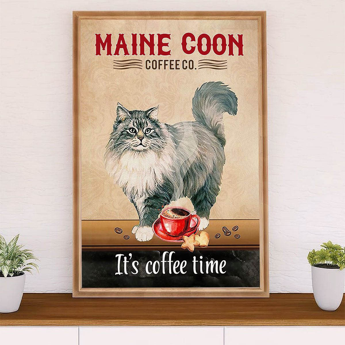 Cute Cat Poster Prints | Funny Maine Coon Cat Coffee | Wall Art Gift for Cat Kitties Lover