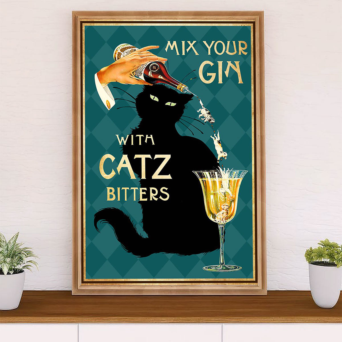 Cute Cat Canvas Prints | Funny Black Cat Mix Your Gin | Wall Art Gift for Cat Kitties Lover