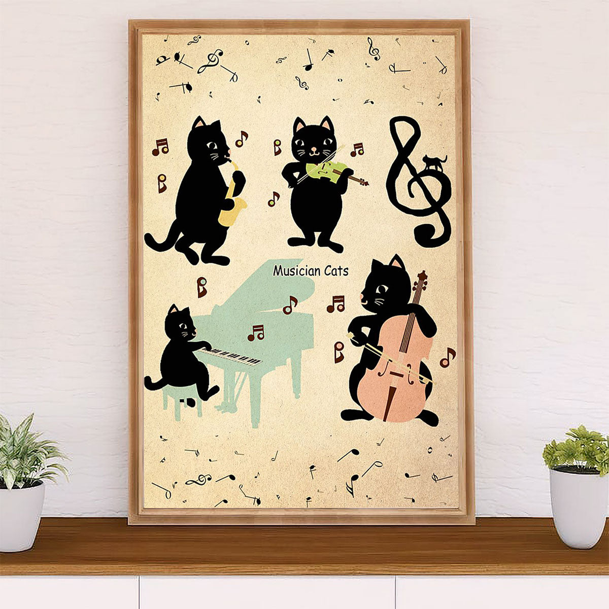 Cute Cat Poster Prints | Funny Black Cat Musician Cats | Wall Art Gift for Cat Kitties Lover
