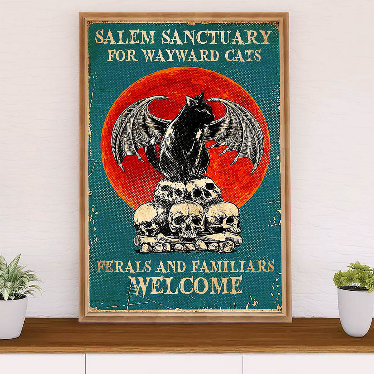 Cute Cat Poster Prints | Evil Black Cat Red Moon Haloween | Wall Art Gift for Cat Kitties Lover