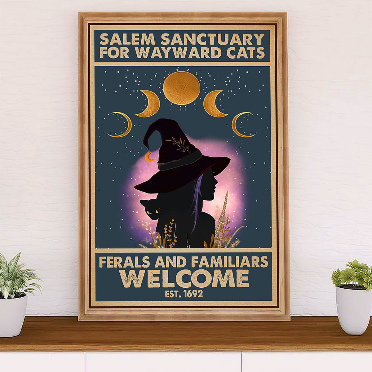 Cute Cat Poster Prints | Salem Sanctuary Black Cat Witch | Wall Art Gift for Cat Kitties Lover