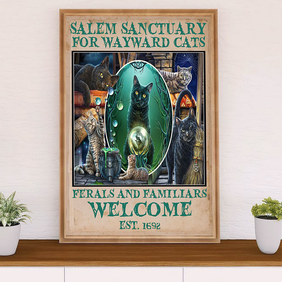 Cute Cat Poster Prints | Salem Sanctuary Black Cat Witch | Wall Art Gift for Cat Kitties Lover