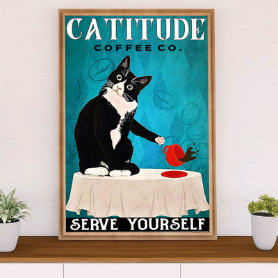 Cute Cat Poster Prints | Funny Cattitude Coffee | Wall Art Gift for Cat Kitties Lover