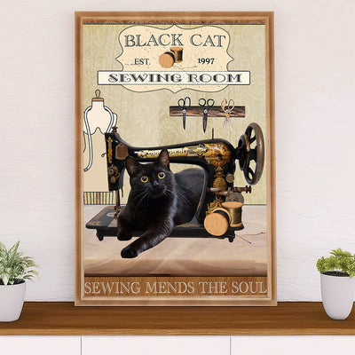 Cute Cat Canvas Prints | Black Cat Sewing Room | Wall Art Gift for Cat Kitties Lover