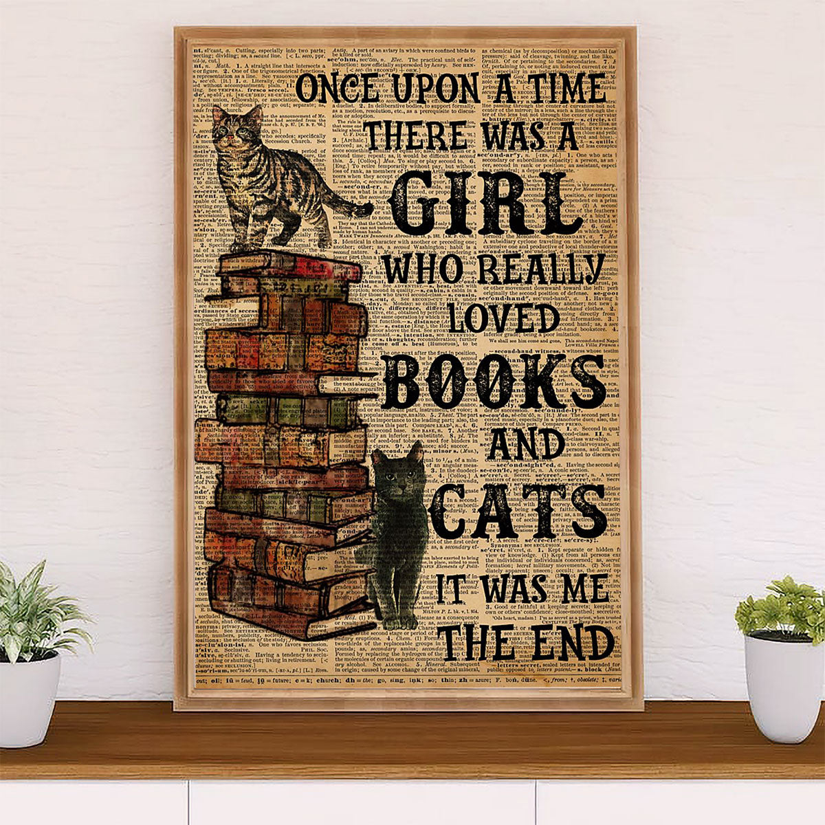 Cute Cat Poster Prints | Girl Loves Books & Cats | Wall Art Gift for Cat Kitties Lover