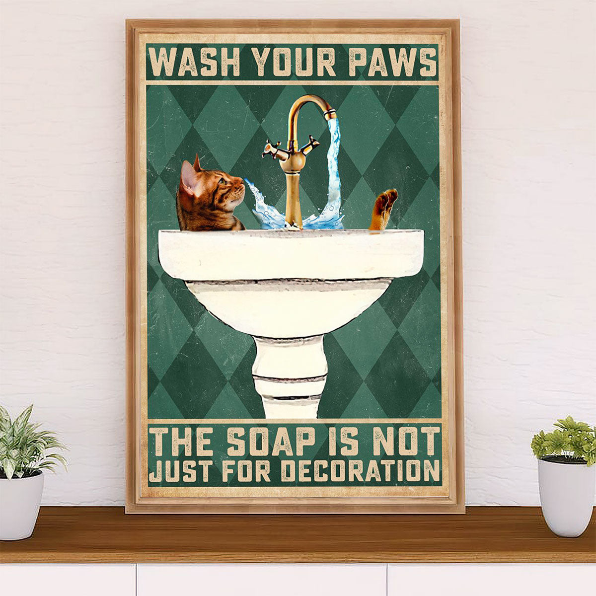Cute Cat Poster Prints | Wash Your Paws | Wall Art Gift for Cat Kitties Lover