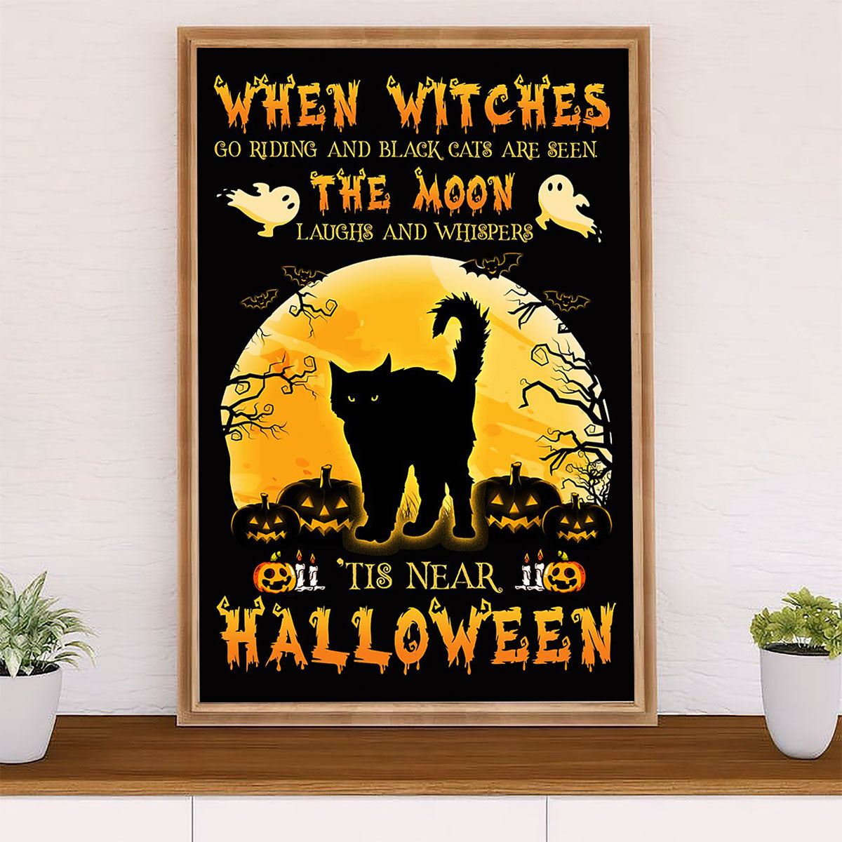 Cute Cat Canvas Prints | Black Cat Haloween Witches | Wall Art Gift for Cat Kitties Lover