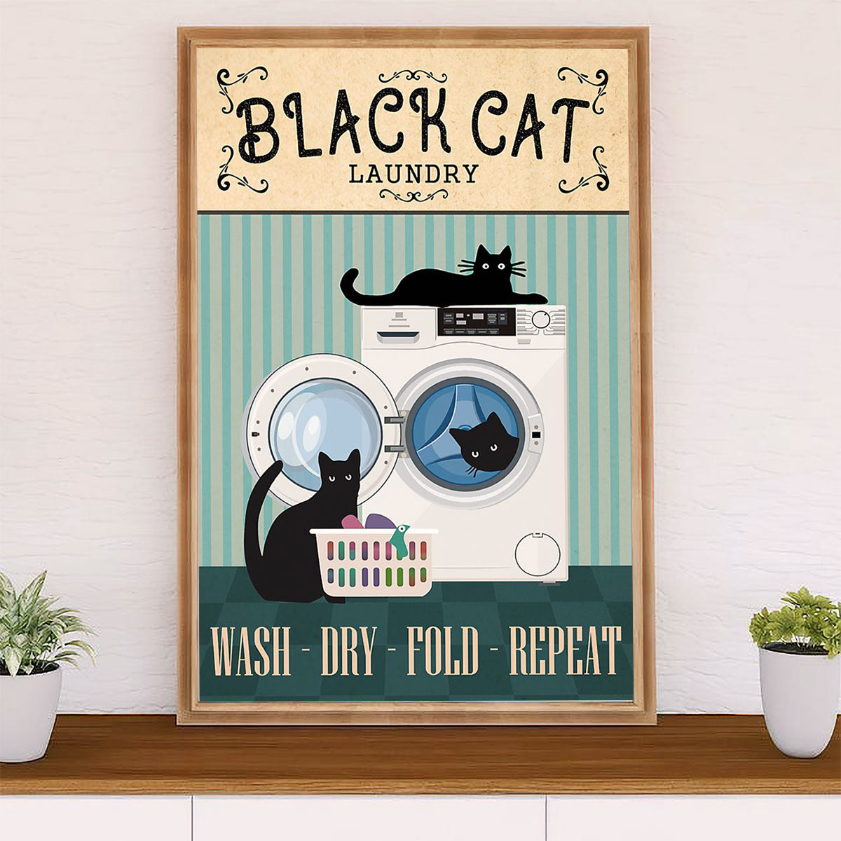 Cute Cat Canvas Prints | Funny Black Cat Laundry | Wall Art Gift for Cat Kitties Lover