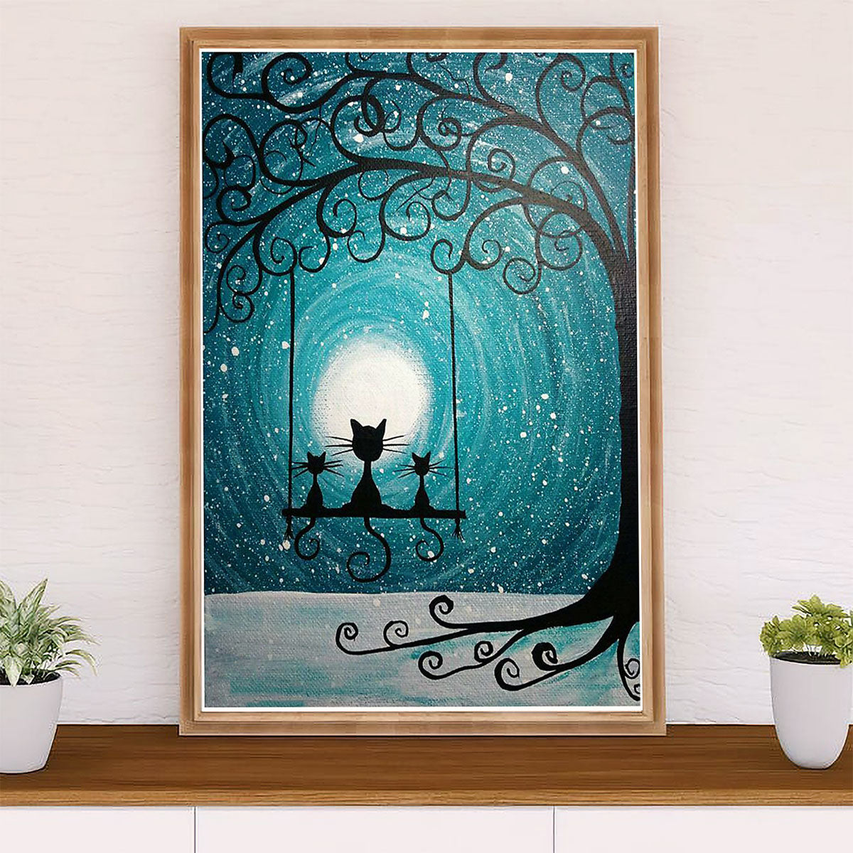 Cute Cat Canvas Prints | Moon Black Cat | Wall Art Gift for Cat Kitties Lover