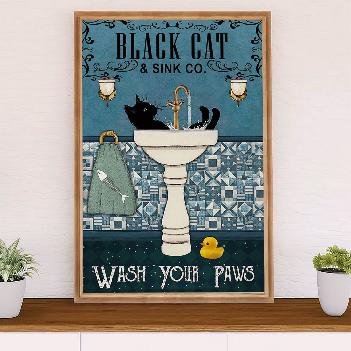 Cute Cat Poster Prints | Funny Black Cat Sink | Wall Art Gift for Cat Kitties Lover