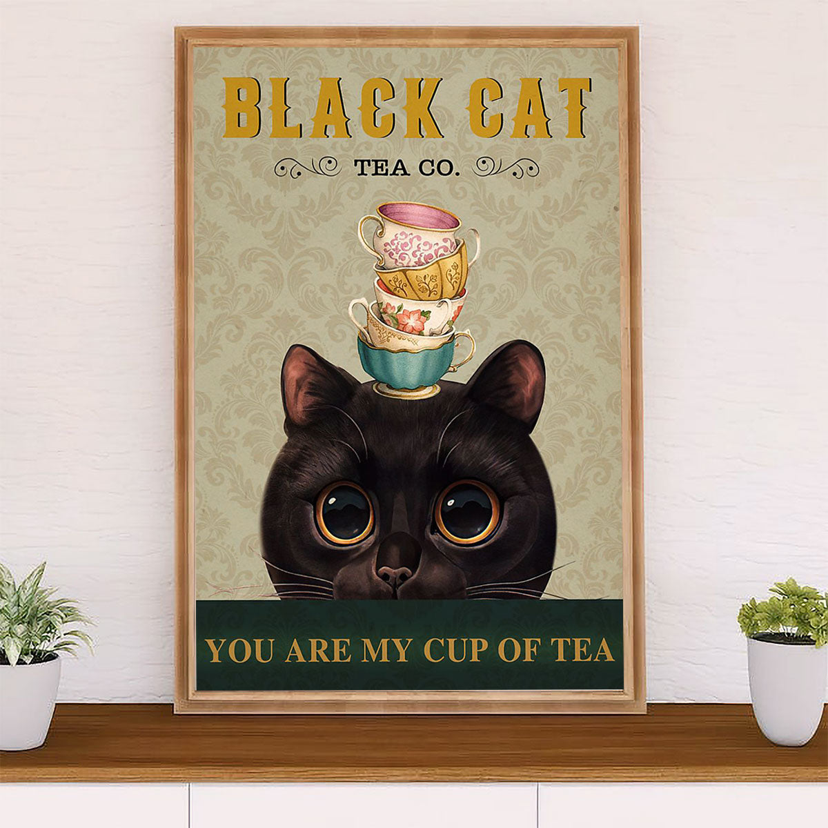 Cute Cat Poster Prints | Funny Black Cat Tea | Wall Art Gift for Cat Kitties Lover