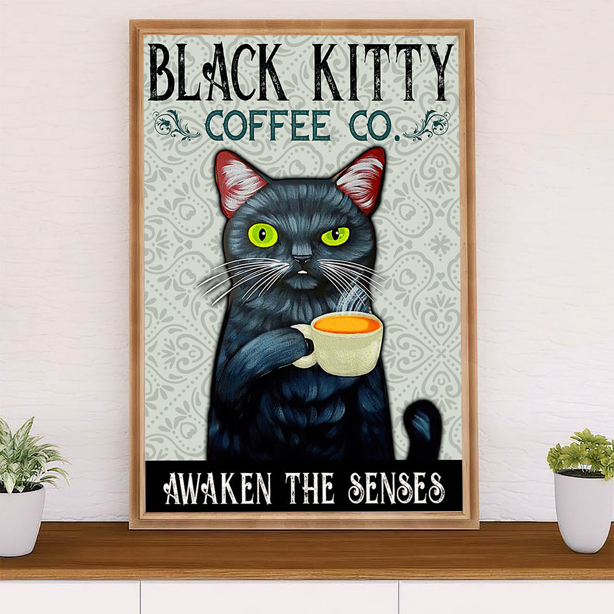 Cute Cat Canvas Prints | Funny Black Cat Coffee Co | Wall Art Gift for Cat Kitties Lover