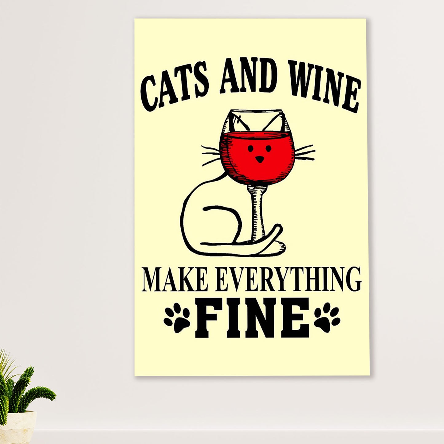 Cute Cat Poster Prints | Loves Cats & Wine | Wall Art Gift for Cat Kitties Lover