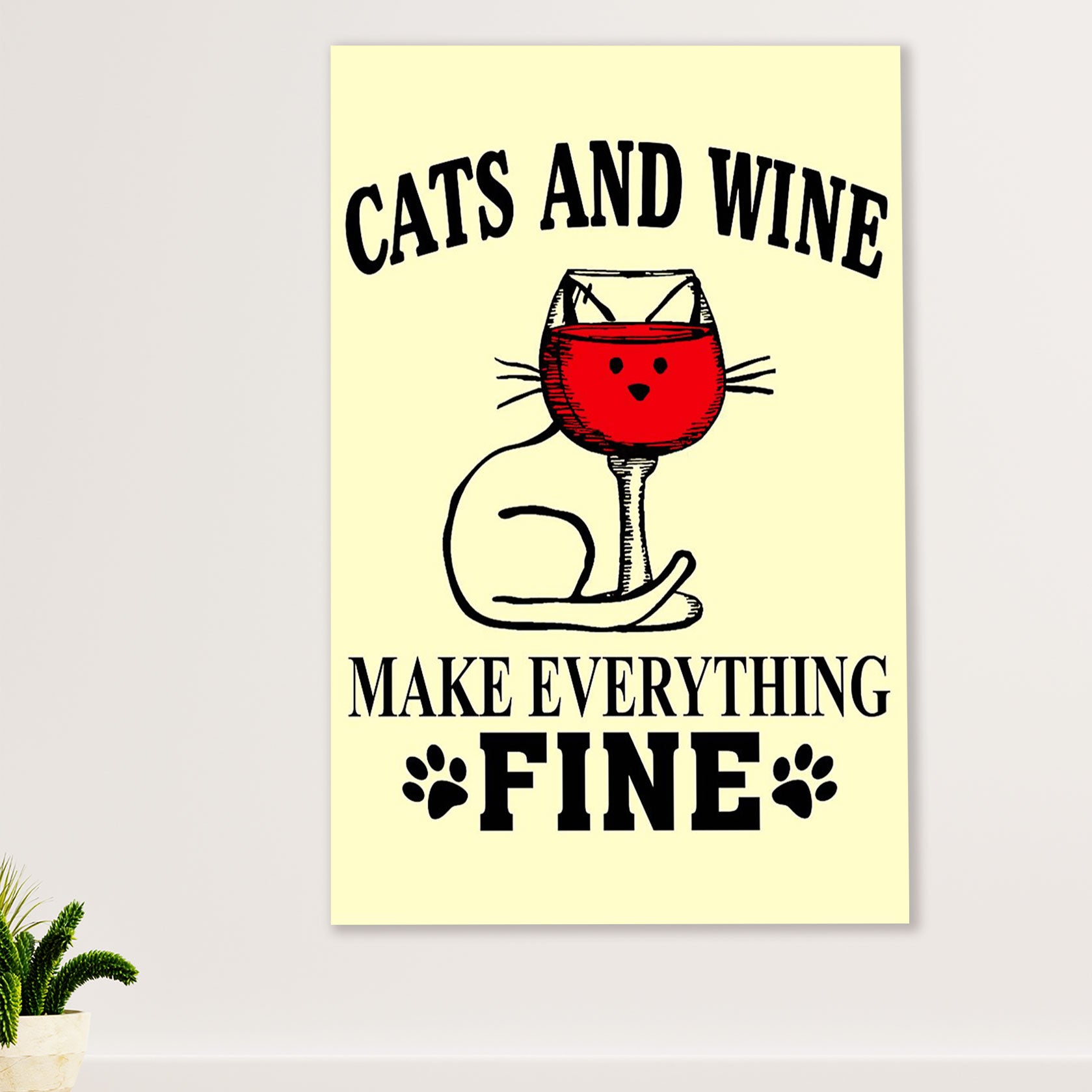 Cute Cat Canvas Prints | Loves Cats & Wine | Wall Art Gift for Cat Kitties Lover