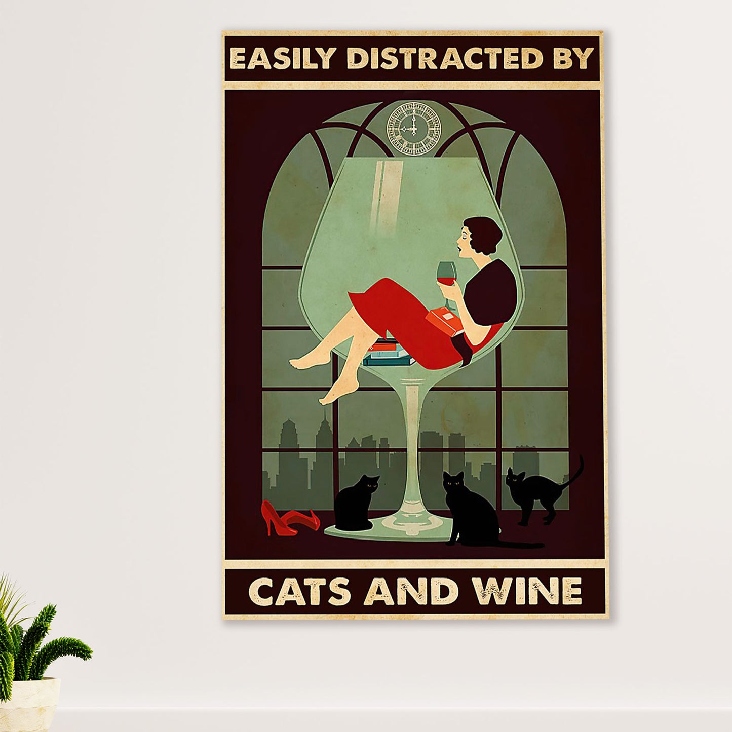 Cute Cat Poster Prints | Lady Distracted by Cats & Wine | Wall Art Gift for Cat Kitties Lover