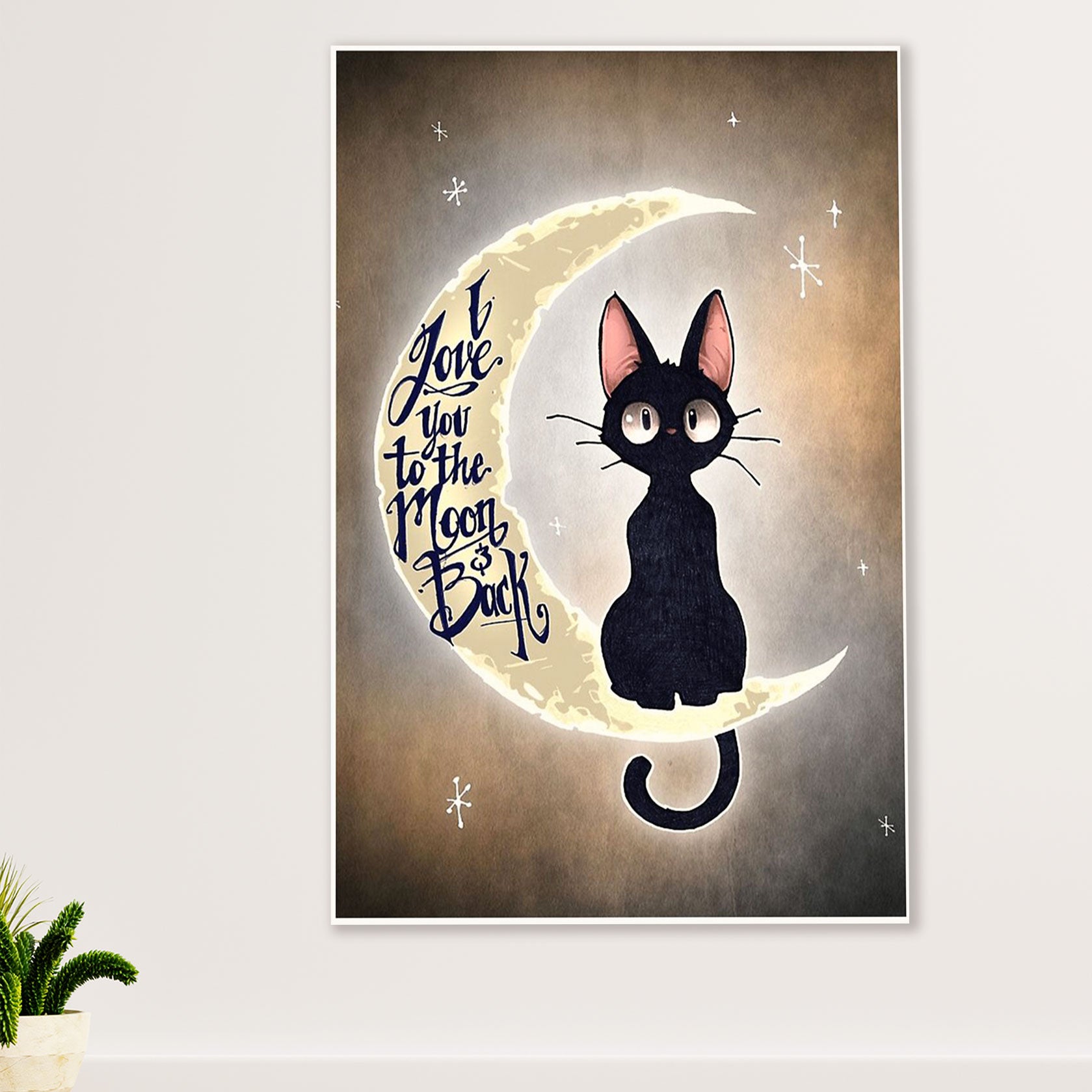 Cute Cat Poster Prints | Funny Black Cat Love You To The Moon | Wall Art Gift for Cat Kitties Lover