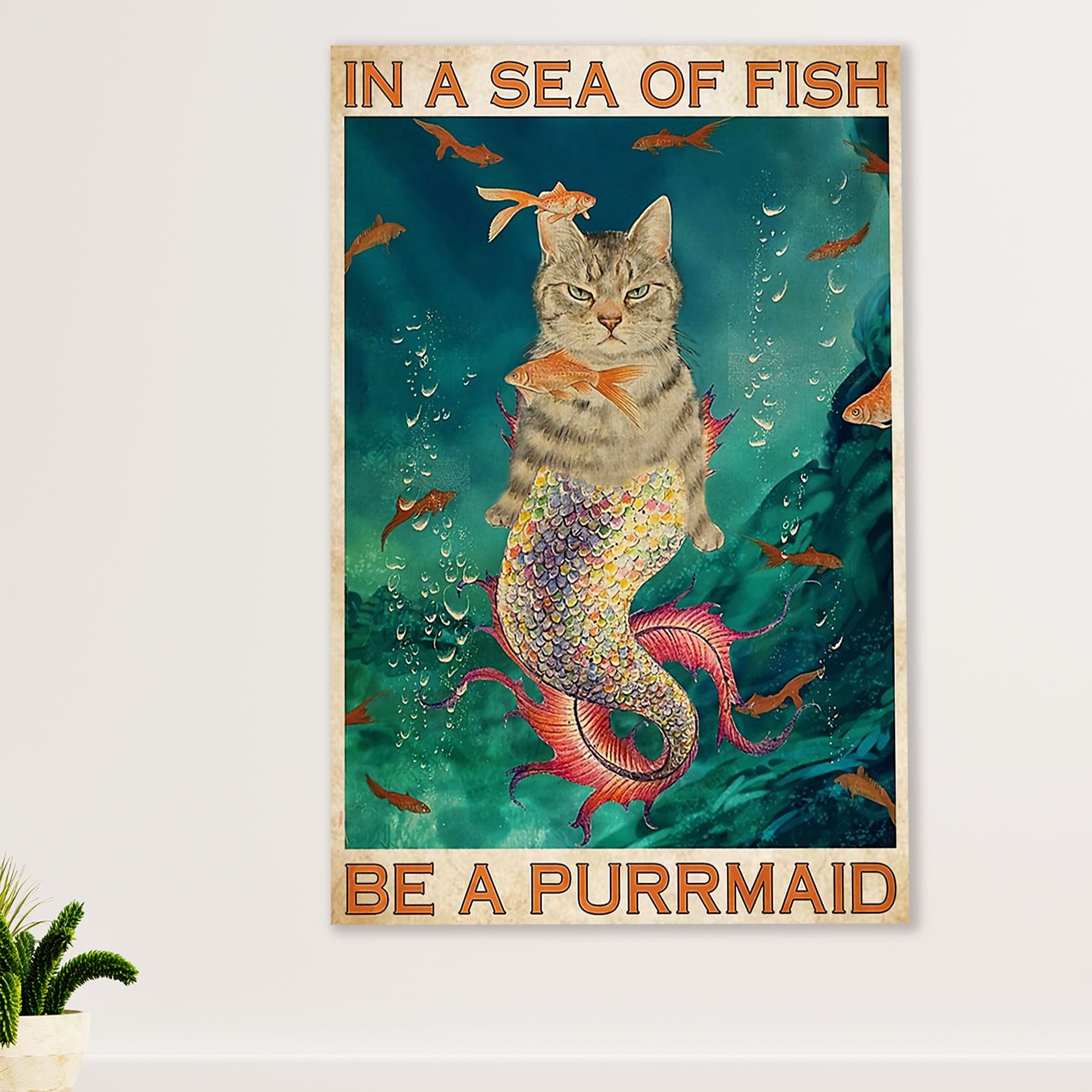 Cute Cat Poster Prints | Funny Cat Mermaid - Purrmaid | Wall Art Gift for Cat Kitties Lover