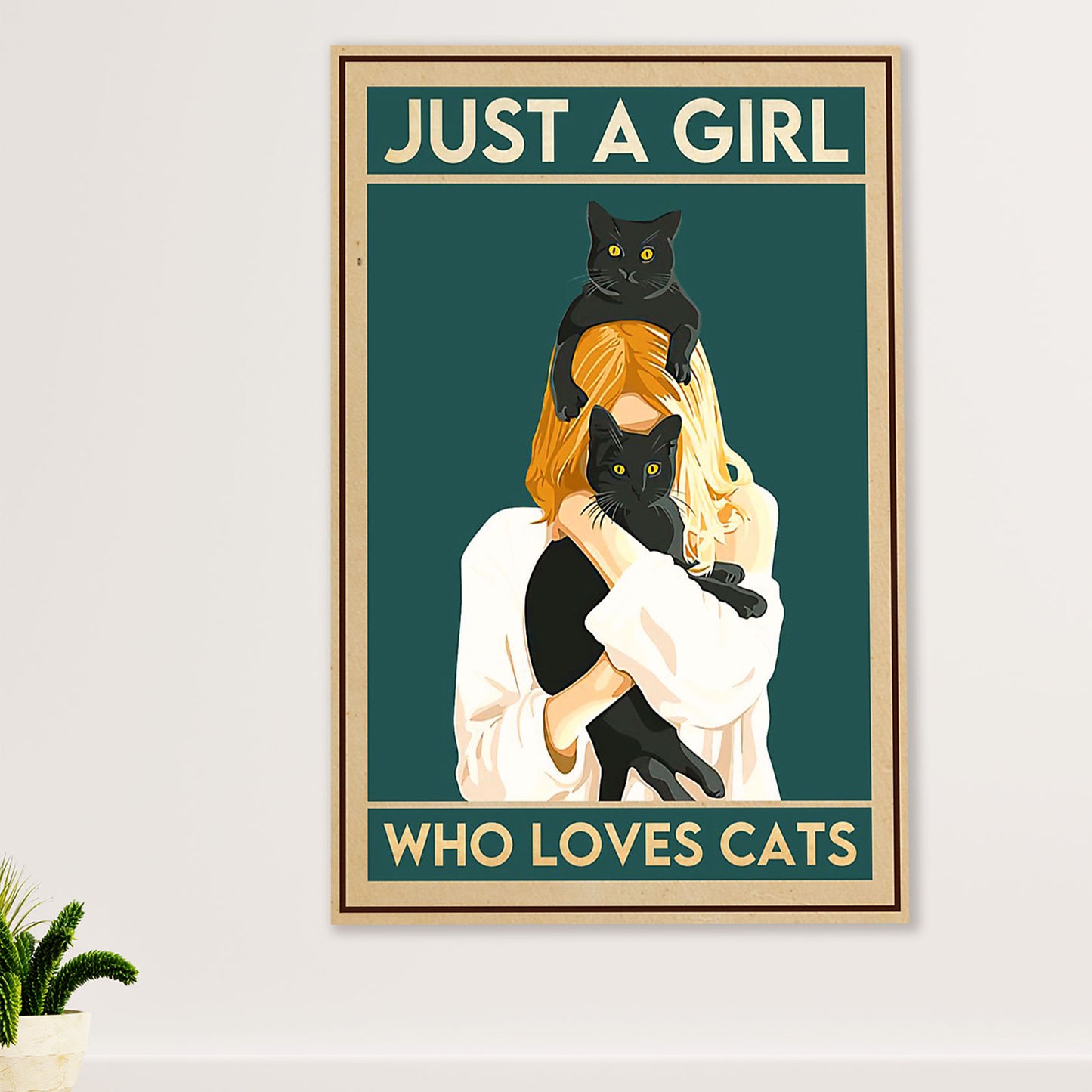 Cute Cat Canvas Prints | Girl Loves Black Cat | Wall Art Gift for Cat Kitties Lover