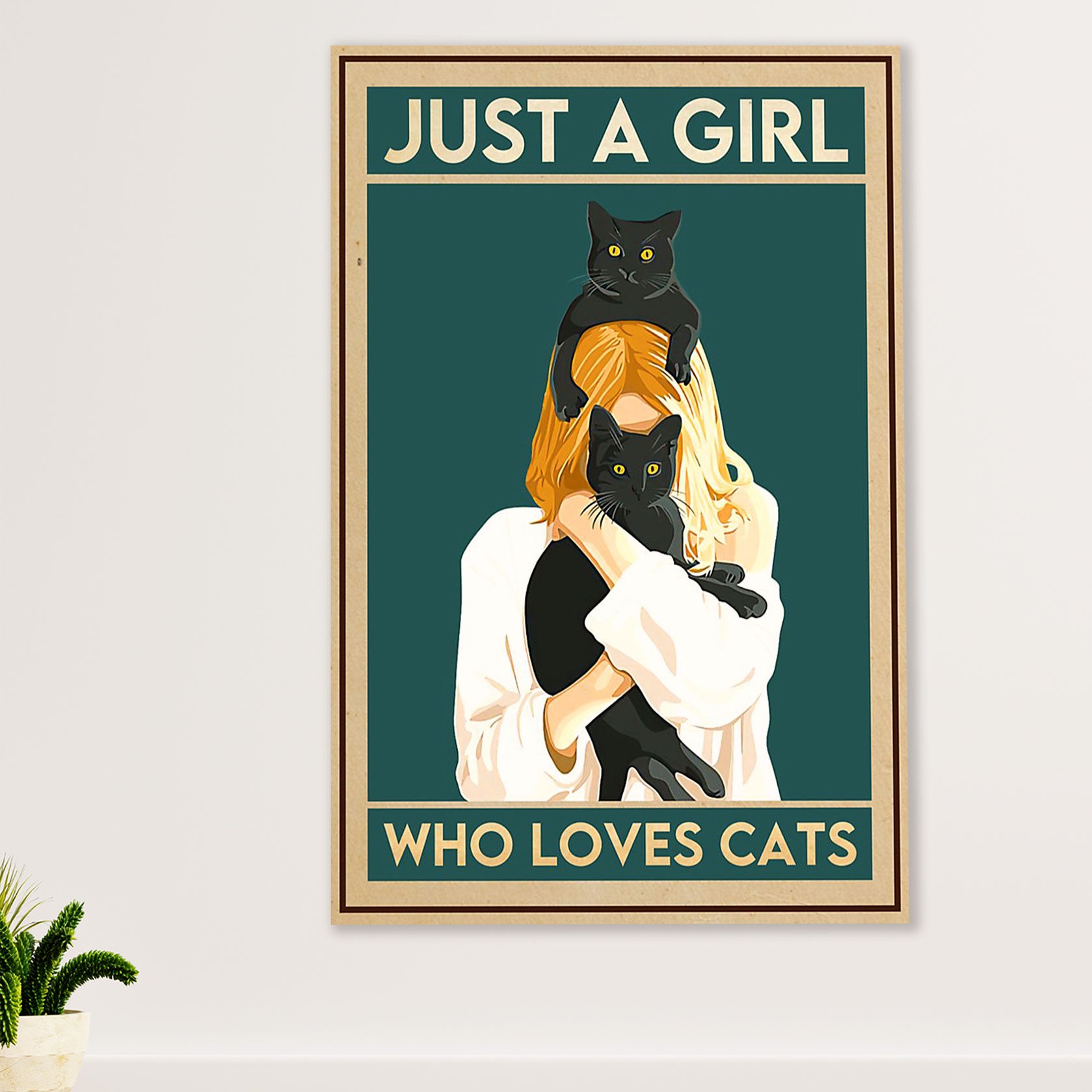 Cute Cat Canvas Prints | Girl Loves Black Cat | Wall Art Gift for Cat Kitties Lover
