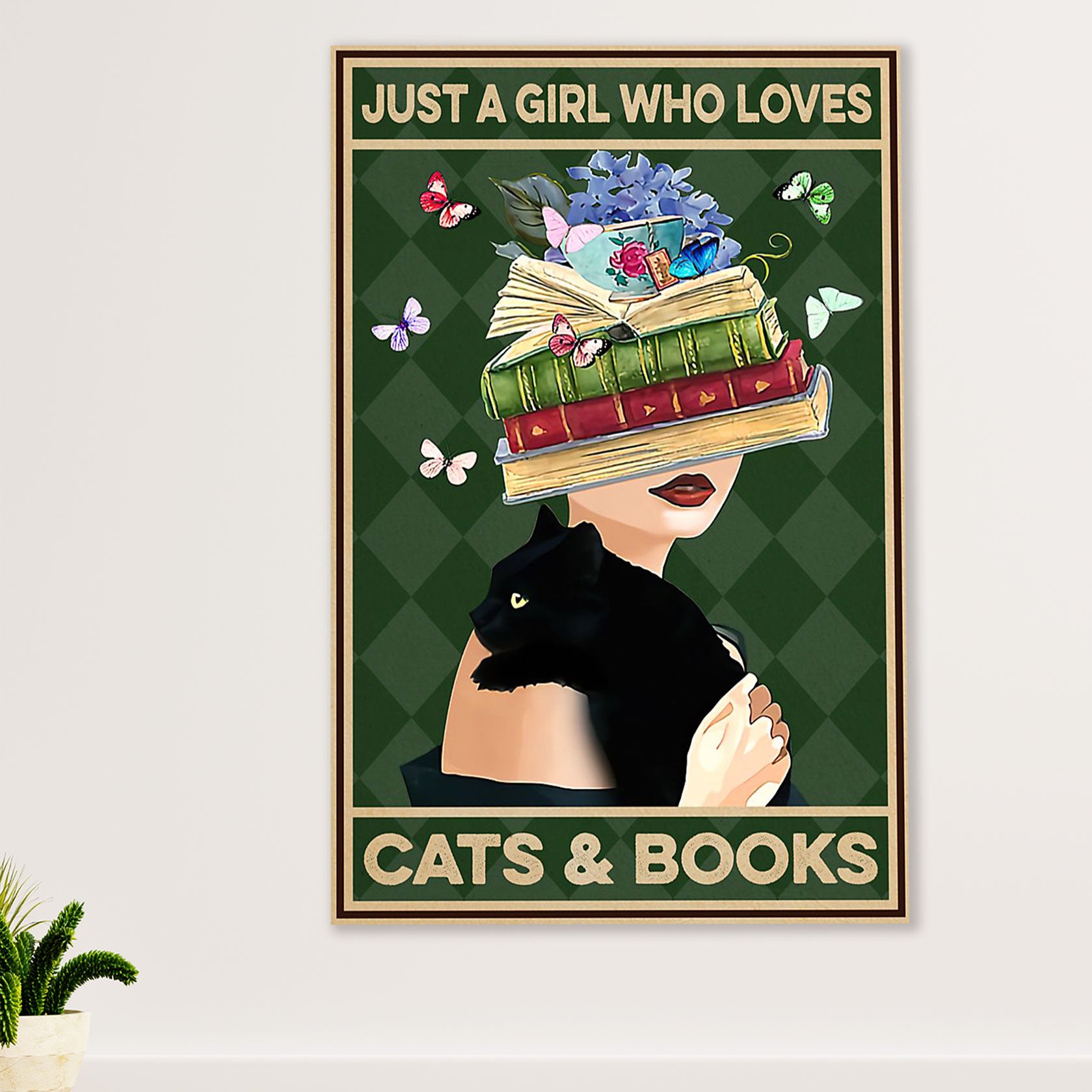 Cute Cat Poster Prints | Girl Loves Black Cat & Books | Wall Art Gift for Cat Kitties Lover