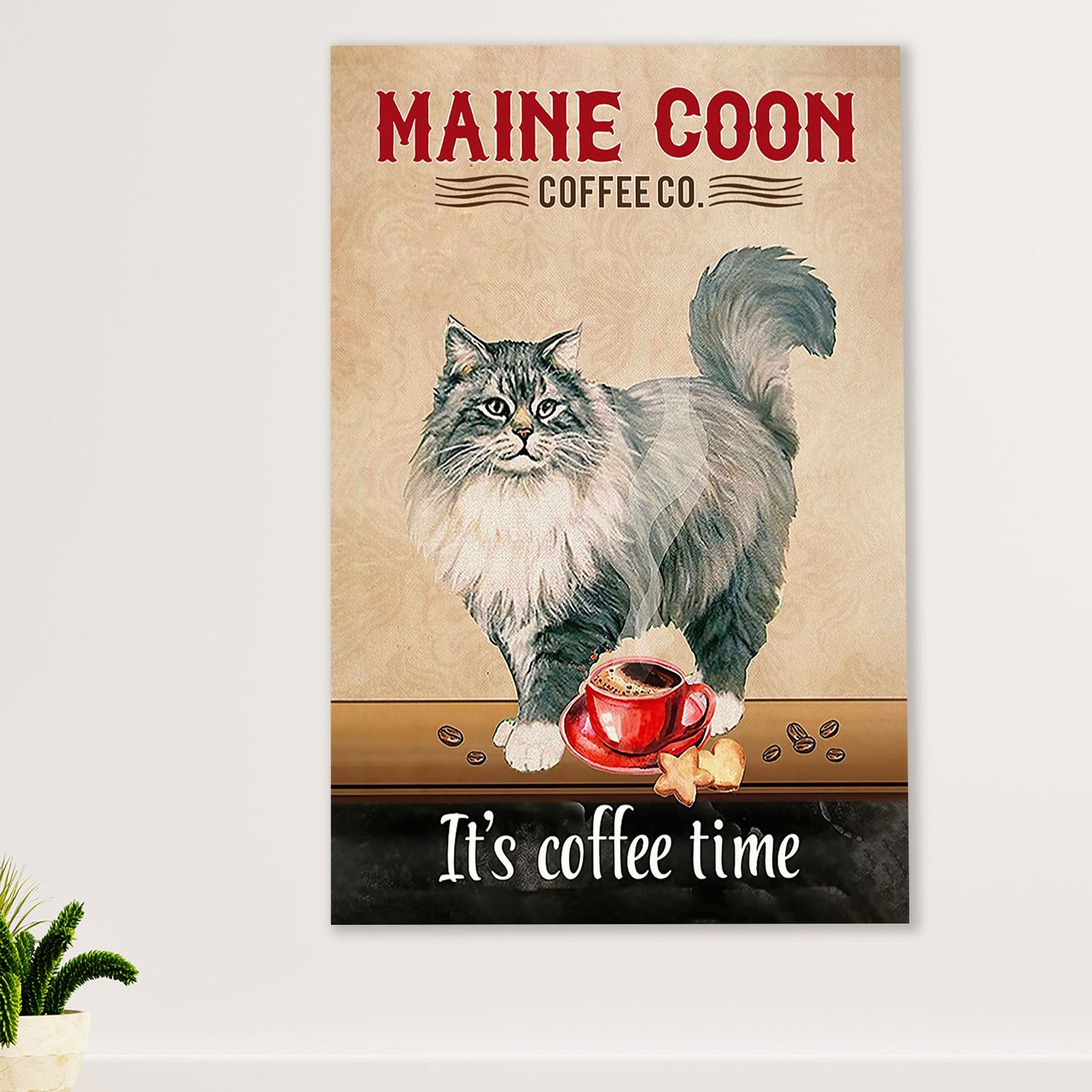 Cute Cat Poster Prints | Funny Maine Coon Cat Coffee | Wall Art Gift for Cat Kitties Lover