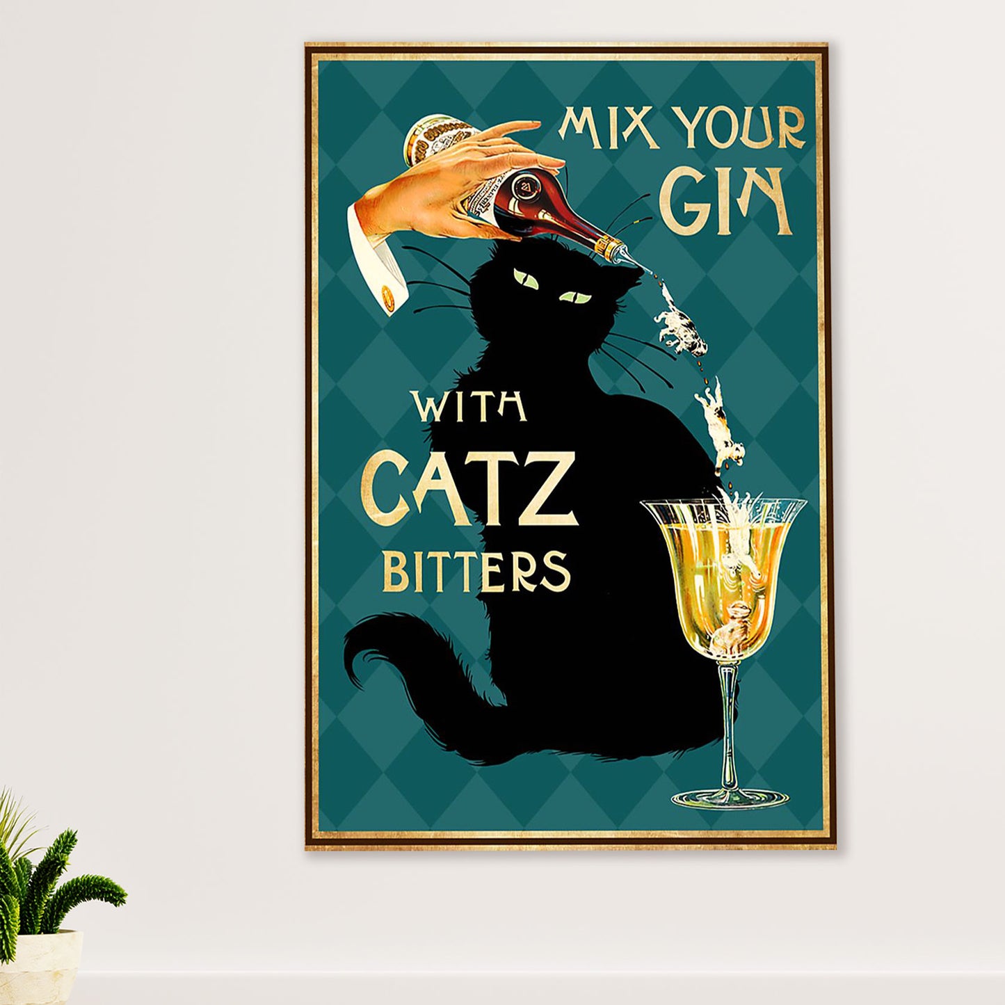 Cute Cat Poster Prints | Funny Black Cat Mix Your Gin | Wall Art Gift for Cat Kitties Lover