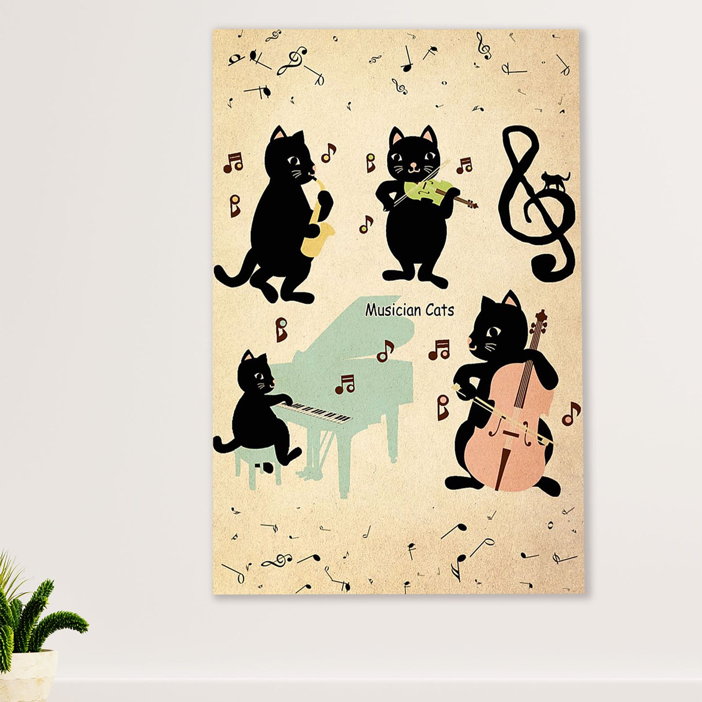 Cute Cat Poster Prints | Funny Black Cat Musician Cats | Wall Art Gift for Cat Kitties Lover