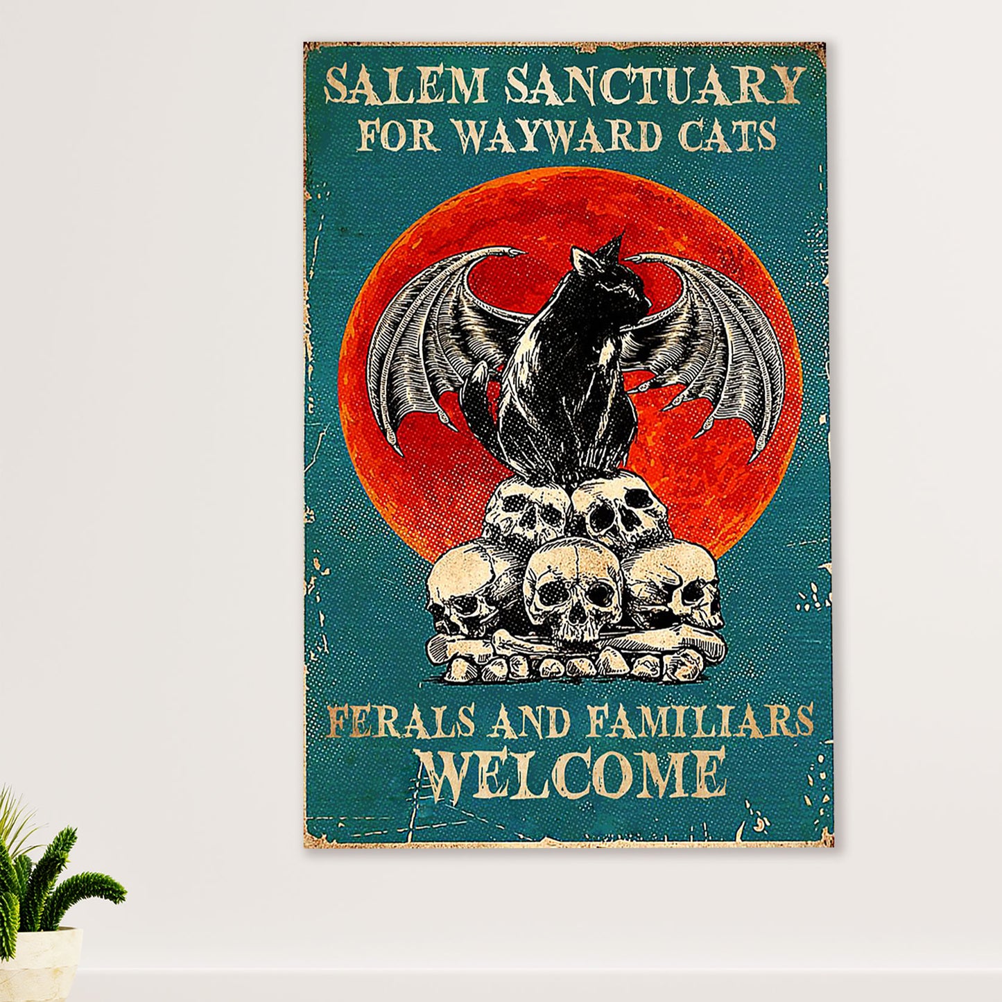 Cute Cat Poster Prints | Evil Black Cat Red Moon Haloween | Wall Art Gift for Cat Kitties Lover