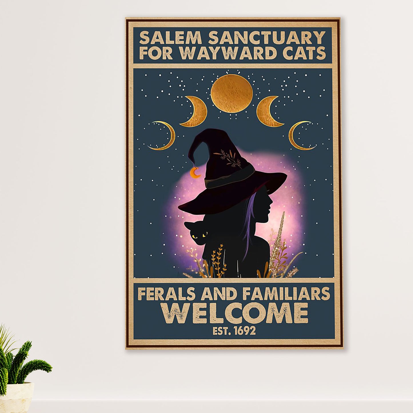 Cute Cat Poster Prints | Salem Sanctuary Black Cat Witch | Wall Art Gift for Cat Kitties Lover