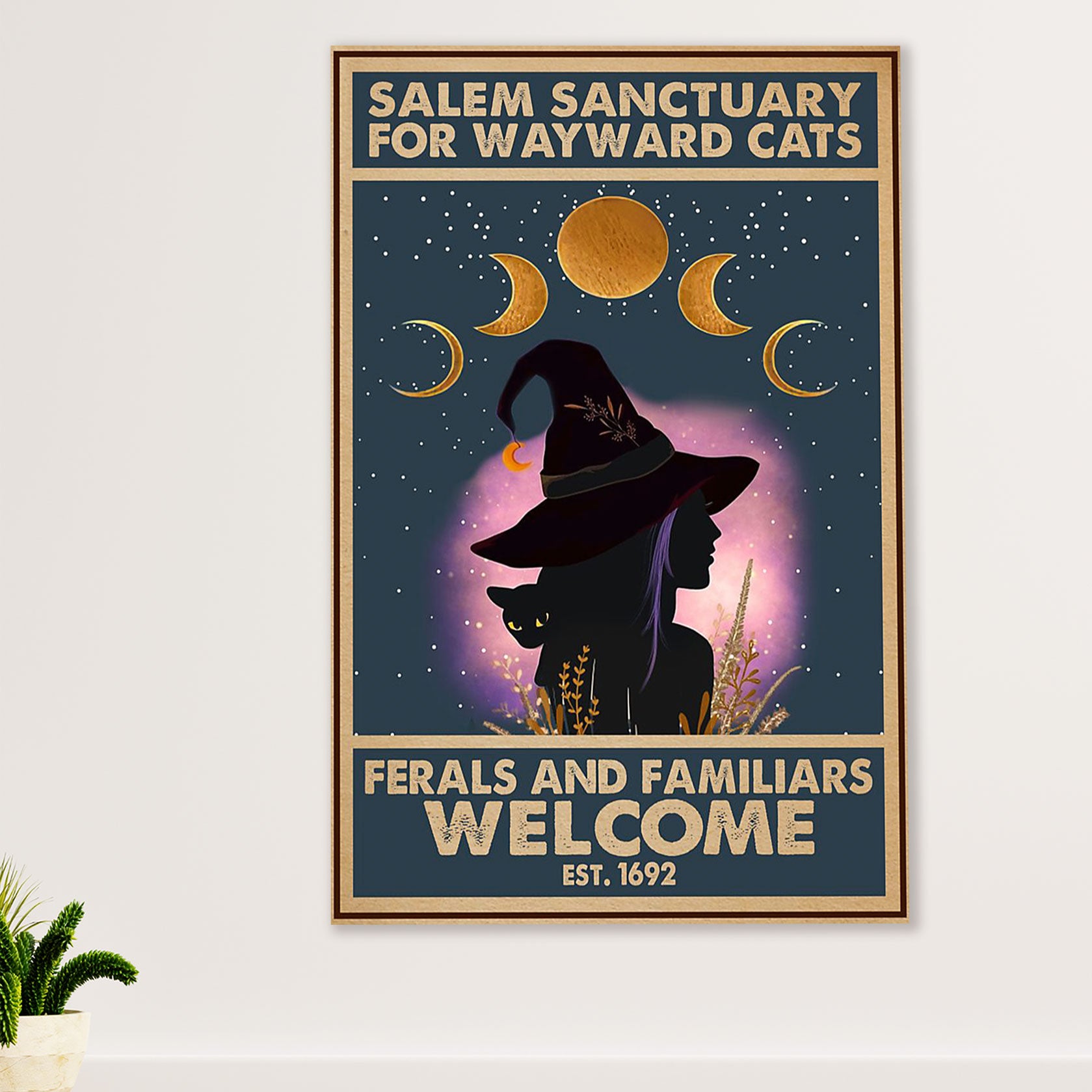 Cute Cat Poster Prints | Salem Sanctuary Black Cat Witch | Wall Art Gift for Cat Kitties Lover