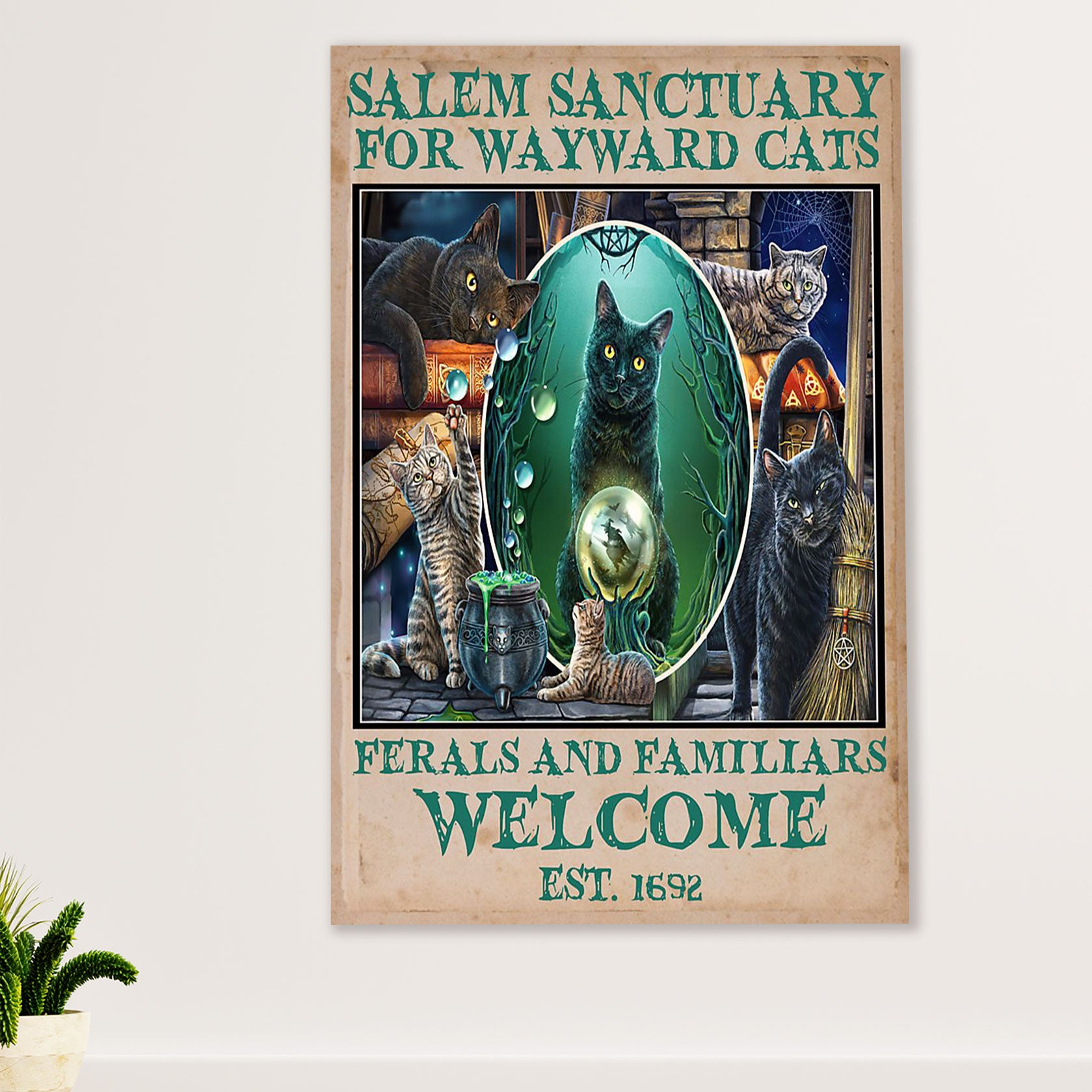 Cute Cat Poster Prints | Salem Sanctuary Black Cat Witch | Wall Art Gift for Cat Kitties Lover