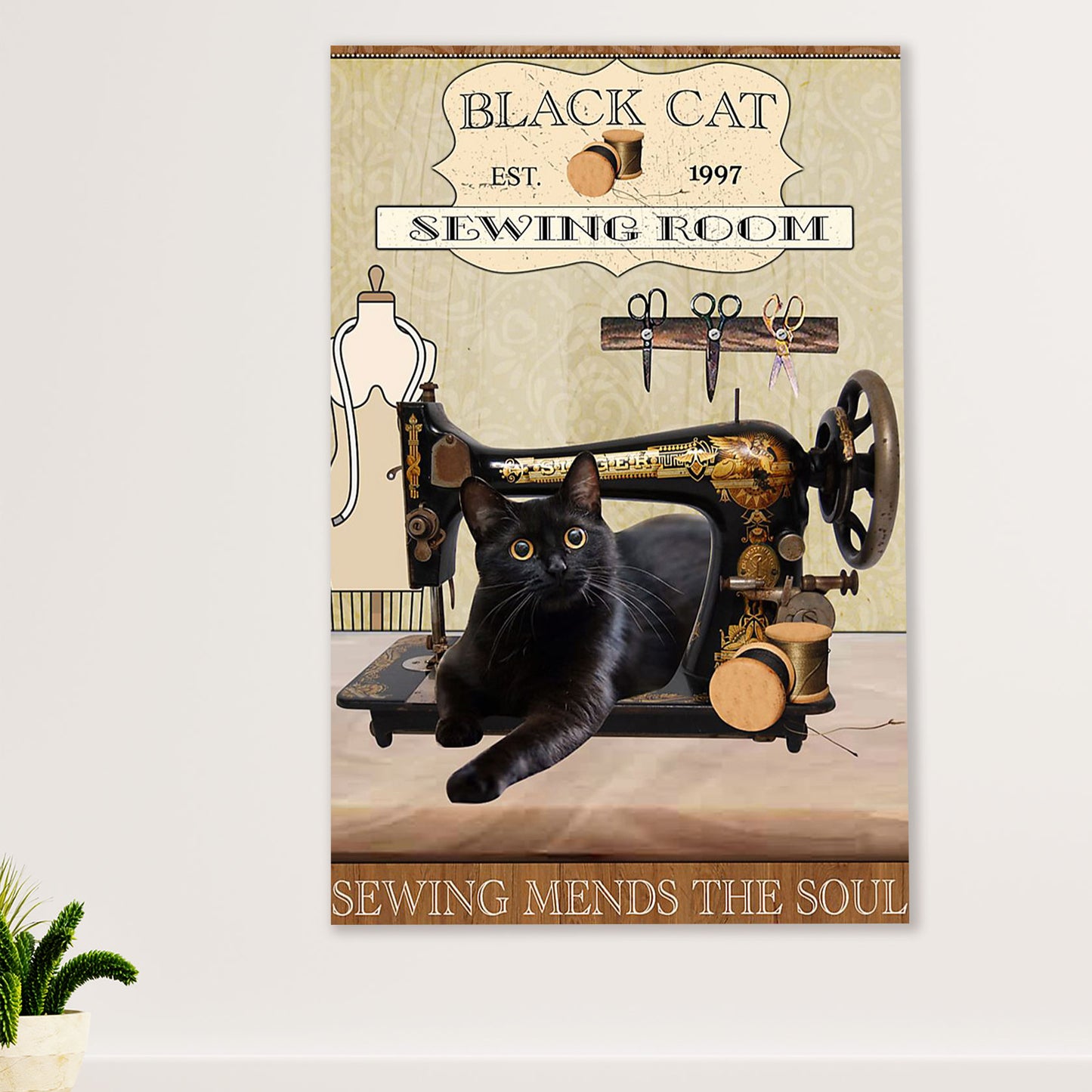 Cute Cat Canvas Prints | Black Cat Sewing Room | Wall Art Gift for Cat Kitties Lover