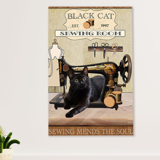Cute Cat Canvas Prints | Black Cat Sewing Room | Wall Art Gift for Cat Kitties Lover