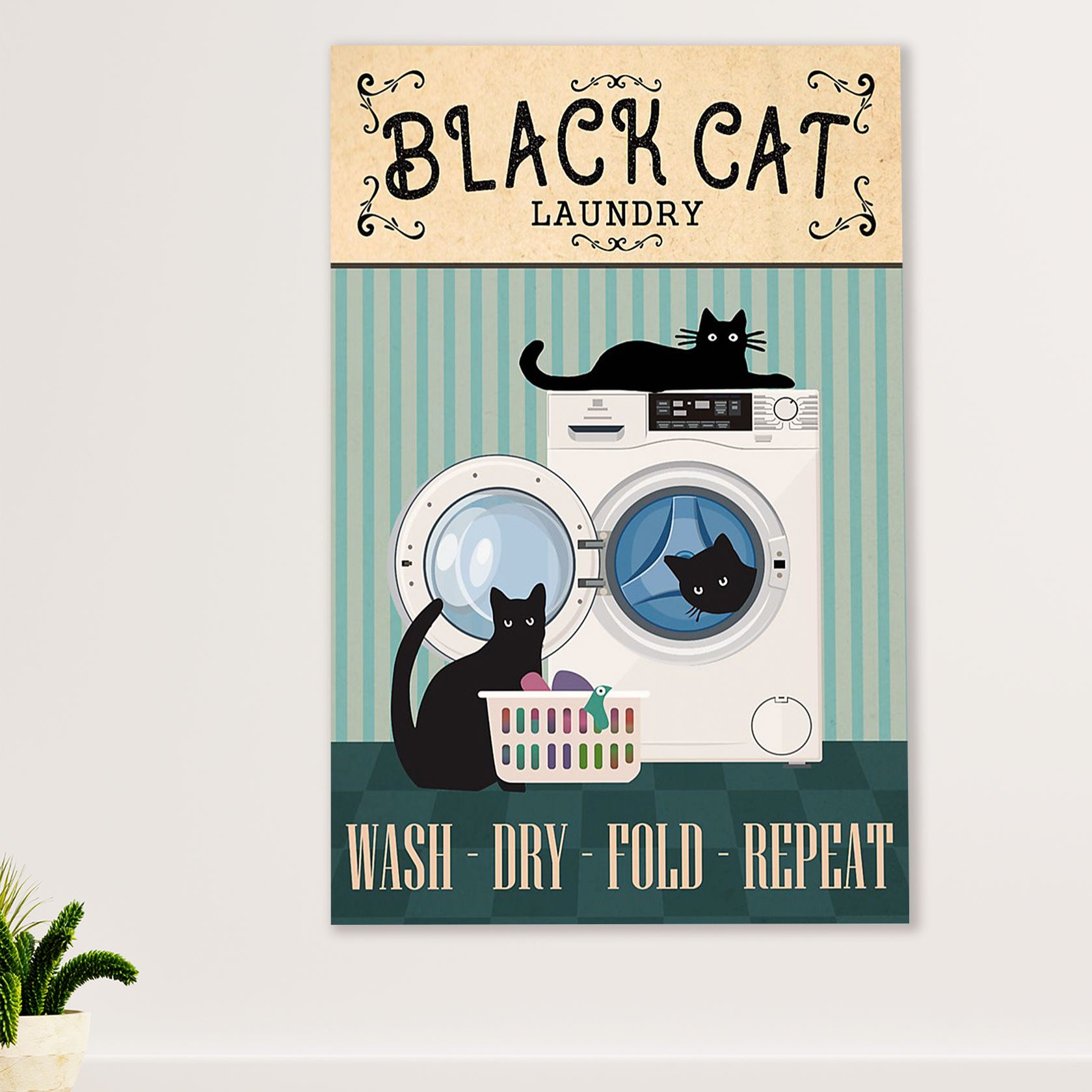 Cute Cat Poster Prints | Funny Black Cat Laundry | Wall Art Gift for Cat Kitties Lover