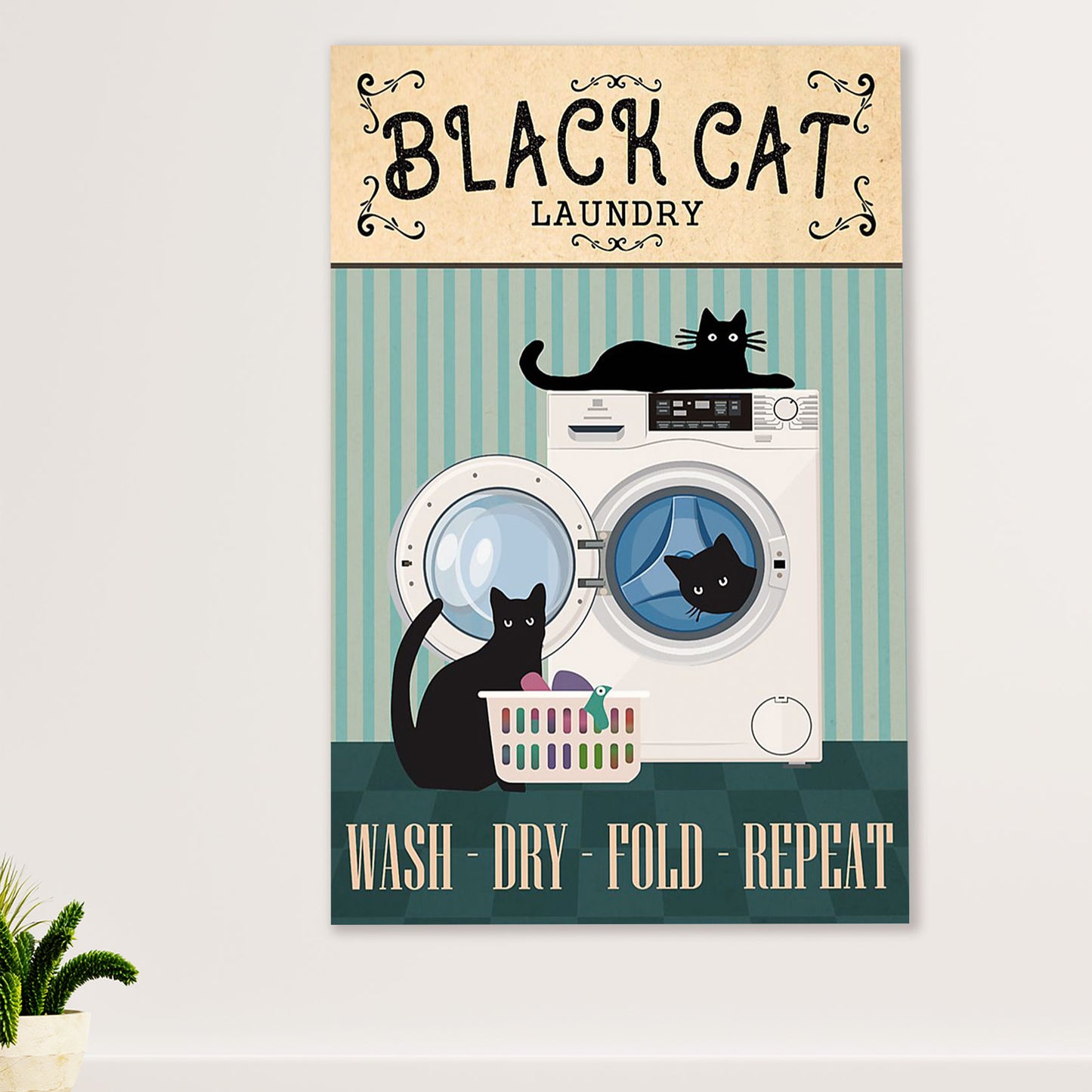 Cute Cat Canvas Prints | Funny Black Cat Laundry | Wall Art Gift for Cat Kitties Lover