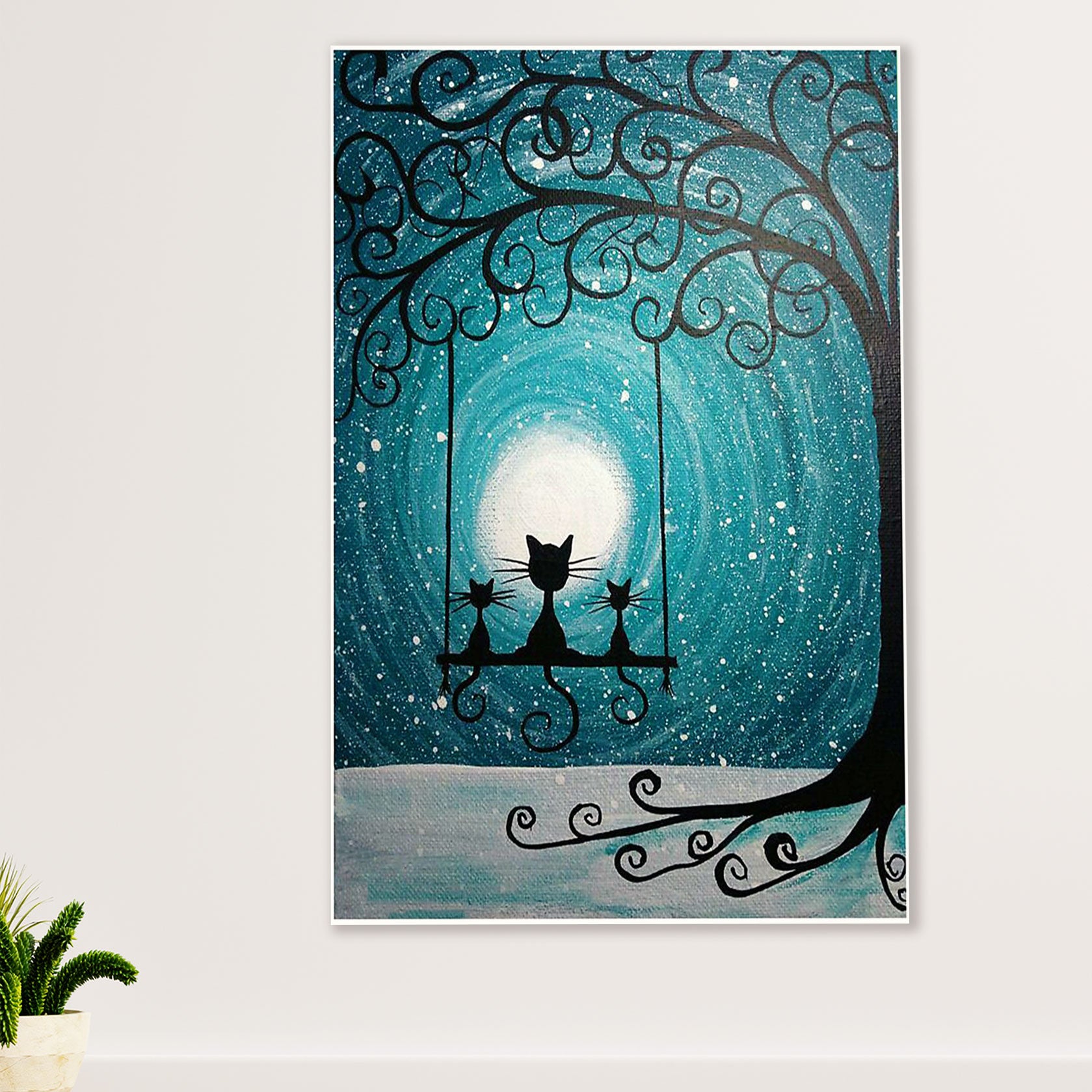 Cute Cat Poster Prints | Moon Black Cat | Wall Art Gift for Cat Kitties Lover