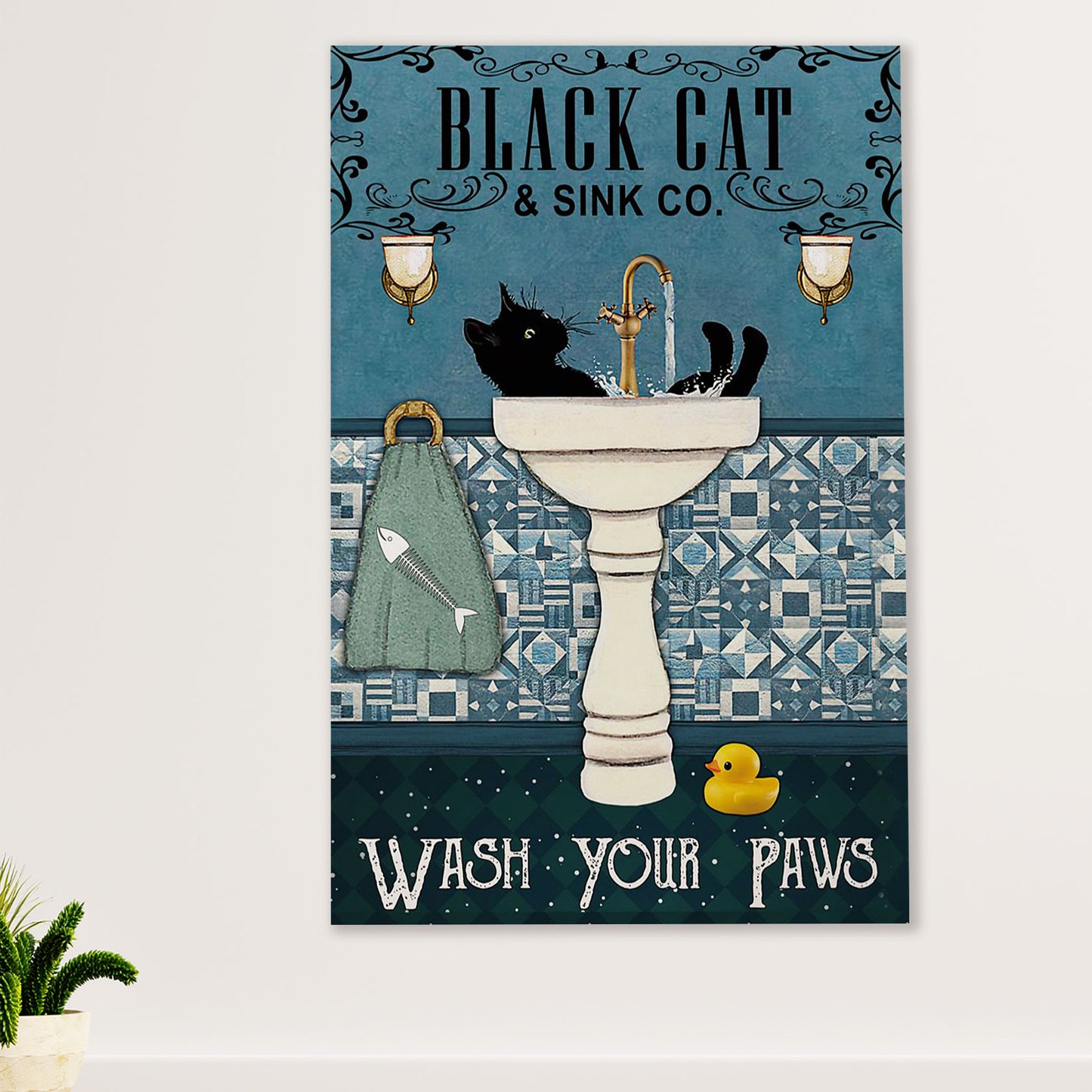 Cute Cat Canvas Prints | Funny Black Cat Sink | Wall Art Gift for Cat Kitties Lover