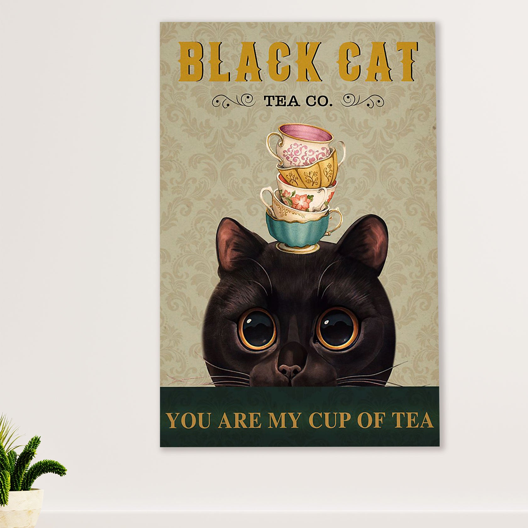 Cute Cat Canvas Prints | Funny Black Cat Tea | Wall Art Gift for Cat Kitties Lover