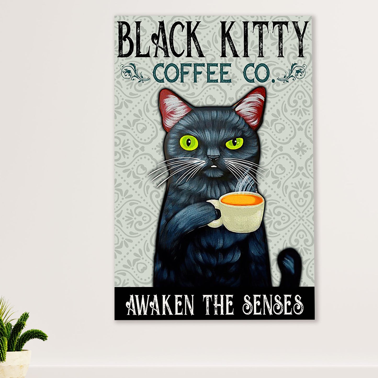 Cute Cat Canvas Prints | Funny Black Cat Coffee Co | Wall Art Gift for Cat Kitties Lover