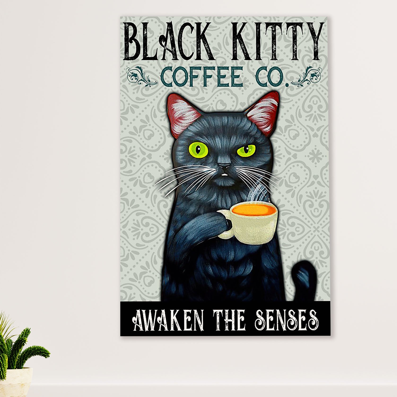 Cute Cat Canvas Prints | Funny Black Cat Coffee Co | Wall Art Gift for Cat Kitties Lover