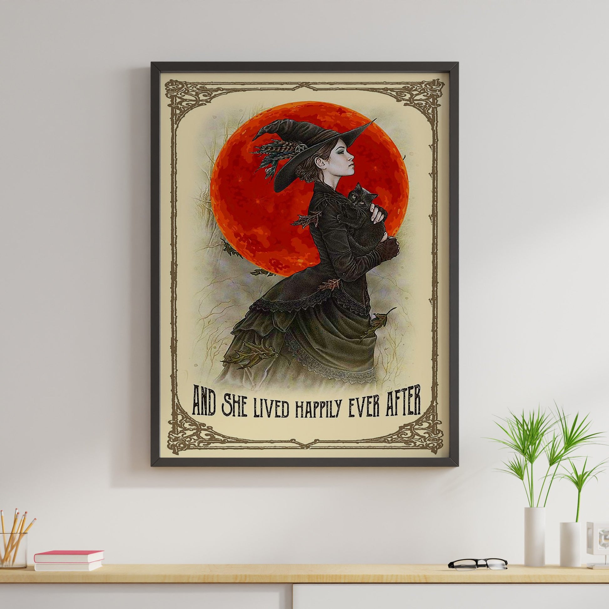 Witch Girl Black Cat Canvas Prints And She Lived Happily Ever After Vintage Wall Art Gifts Vintage Home Wall Decor Canvas - Mostsuit