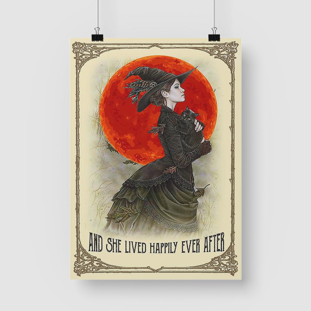 Witch Girl Black Cat Canvas Prints And She Lived Happily Ever After Vintage Wall Art Gifts Vintage Home Wall Decor Canvas - Mostsuit
