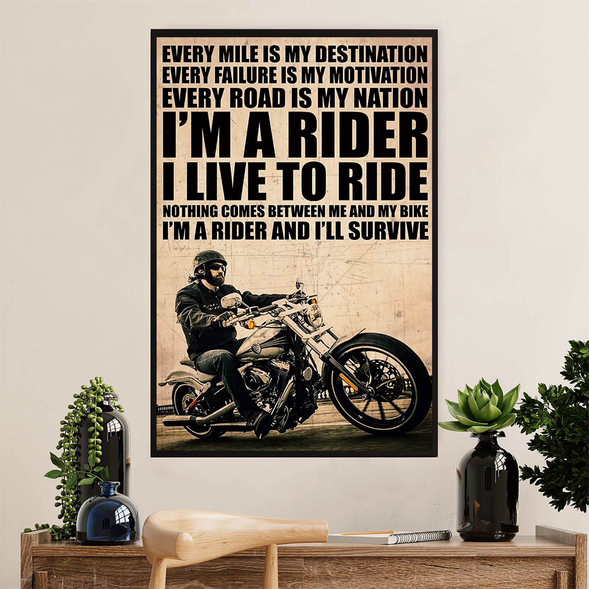 Metal Motorcycle Poster Wall Art Prints | I Live To Ride | Home Decor Gift for Biker