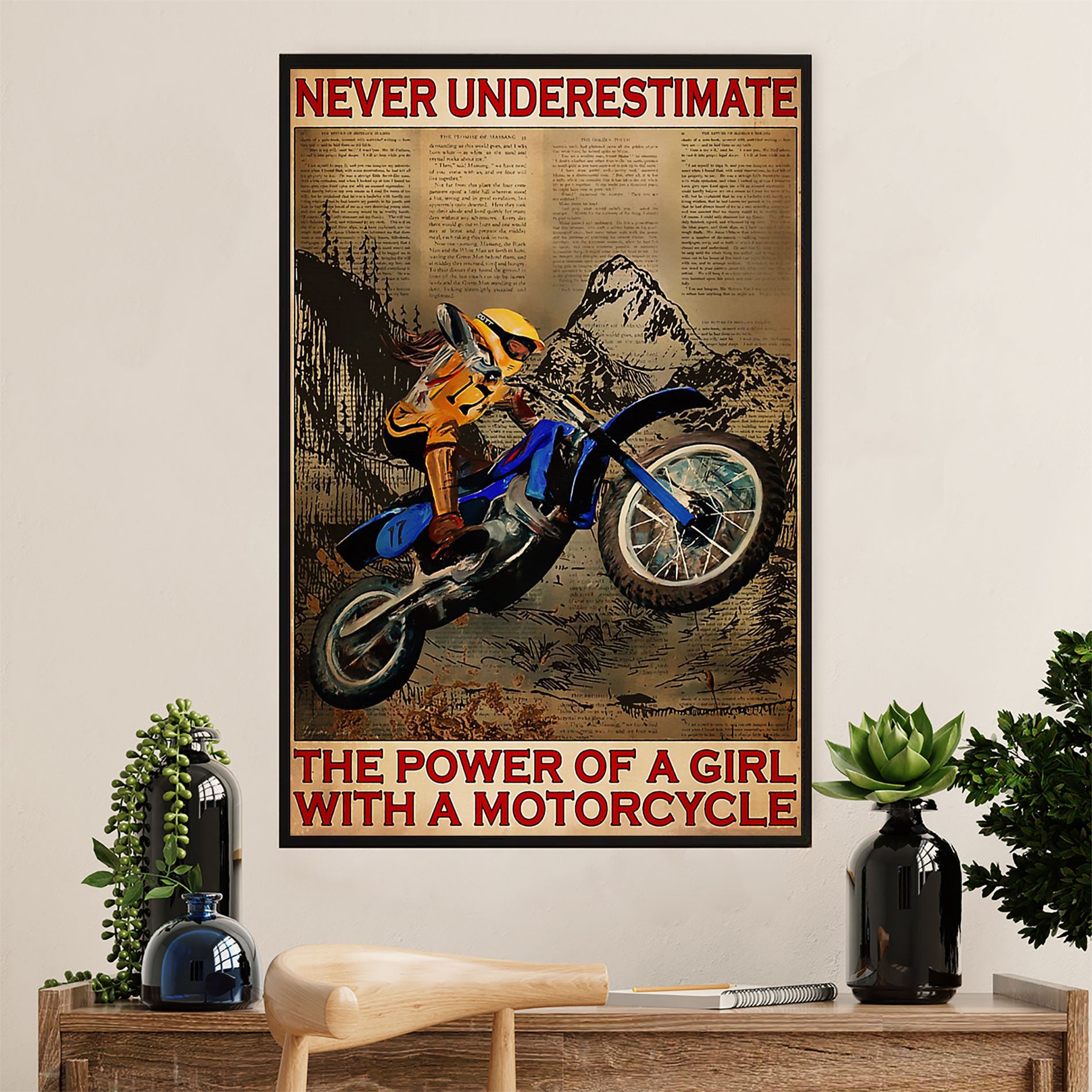 Metal Motorcycle Poster Wall Art Prints | Girl with Motorcycle | Home Decor Gift for Biker
