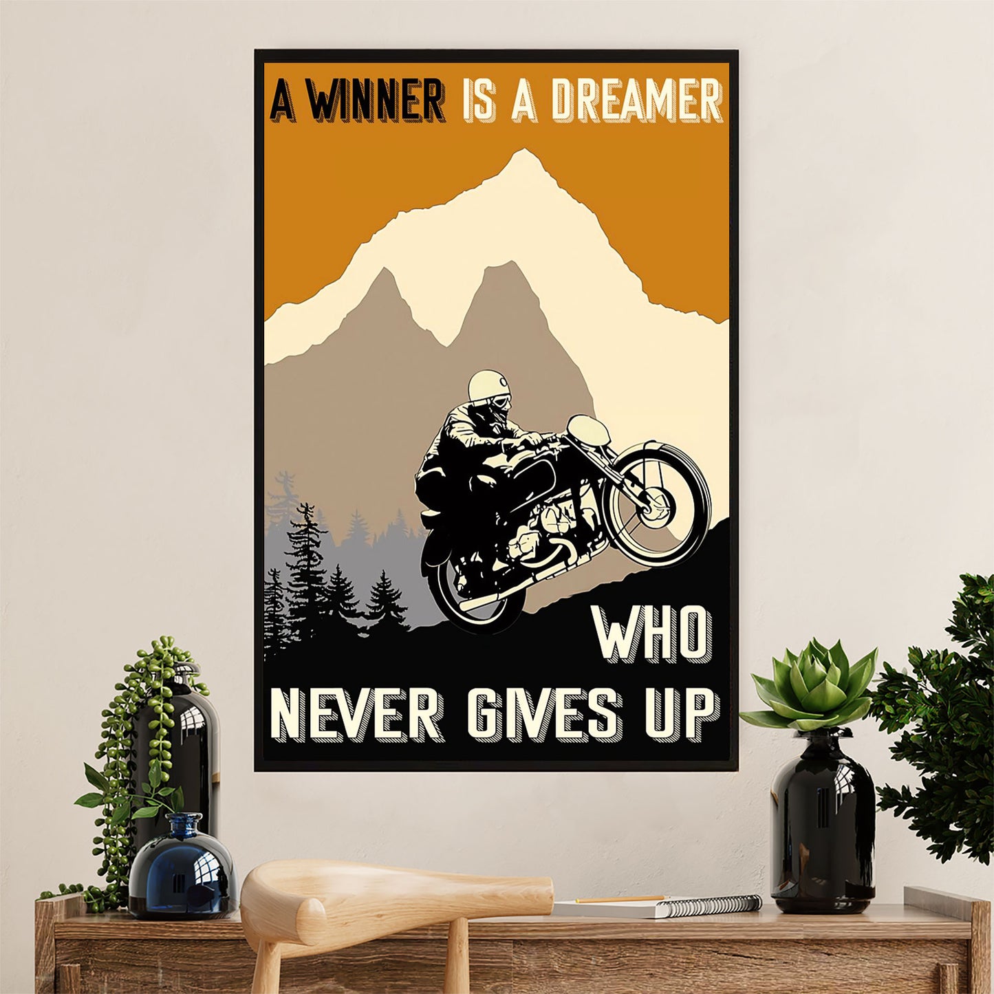Metal Motorcycle Poster Wall Art Prints | Winner Never Gives Up | Home Decor Gift for Biker