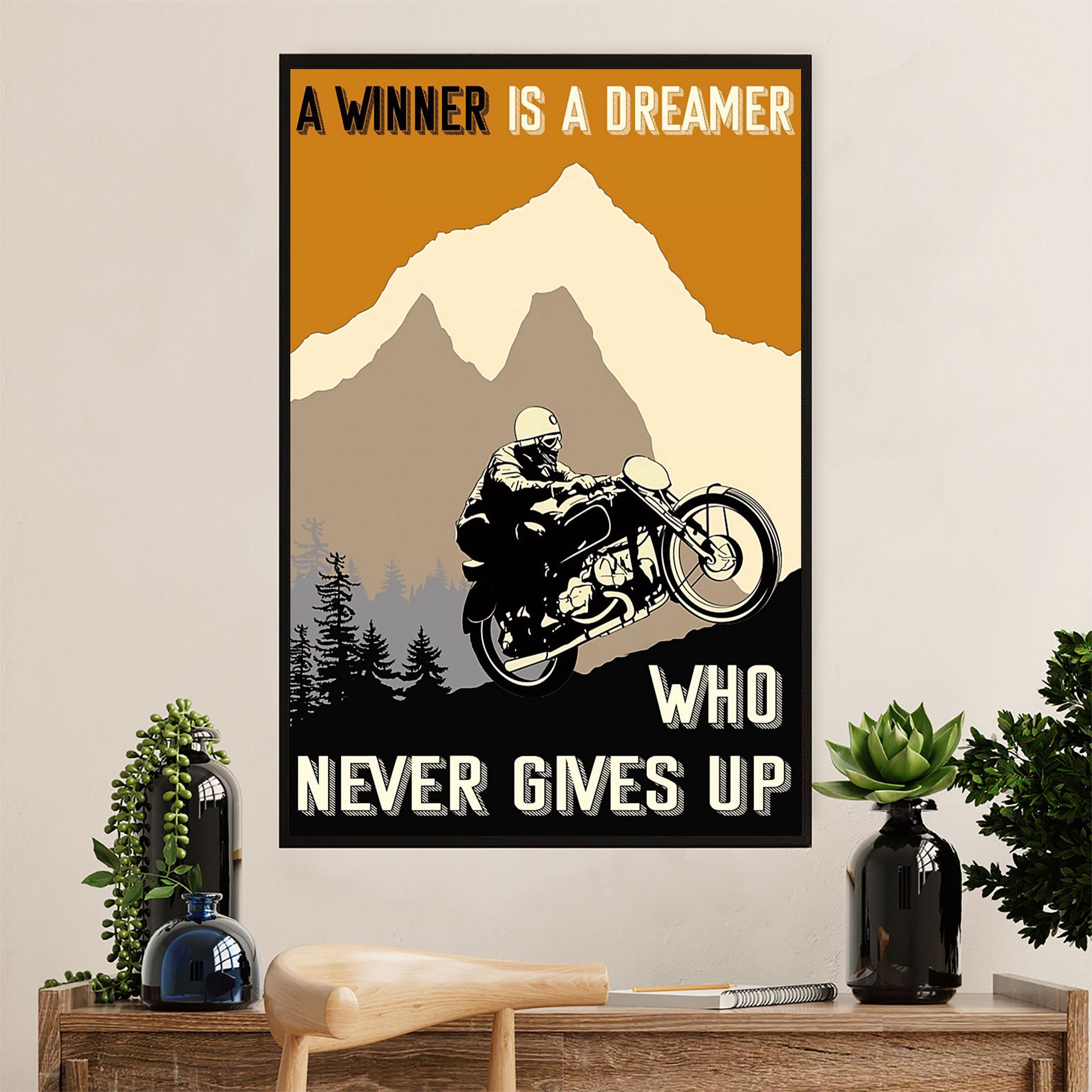 Metal Motorcycle Poster Wall Art Prints | Winner Never Gives Up | Home Decor Gift for Biker